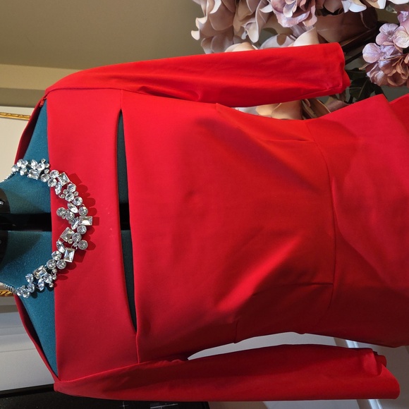 Nwot 14 Alex Evenings Red Long Sleeve Sheath Dress with Neck Cutout - Picture 11 of 17